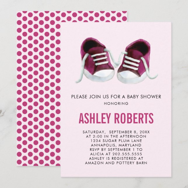 Rosa Sneakers Baby Shower-inbjudan, Flicka Inbjudningar (Fram/baksida)