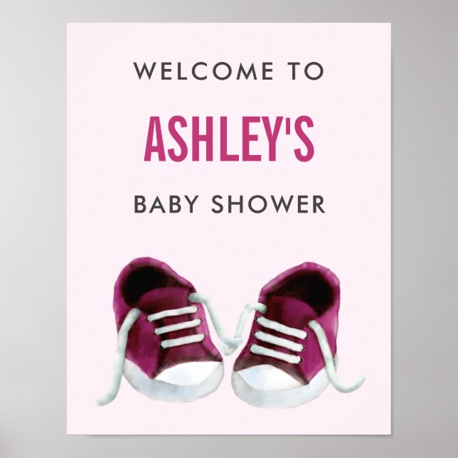 Rosa Sneakers Baby Shower Välkomstskylt Poster (Framsidan)