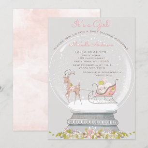 Rosa Snö Globe Bear Hjort Girl Baby Shower Inbjudningar