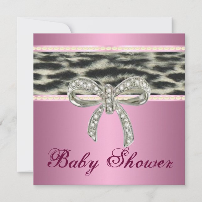 Rosa Snö Leopard Diamond Bow Baby Shower Inbjudan (Framsida)