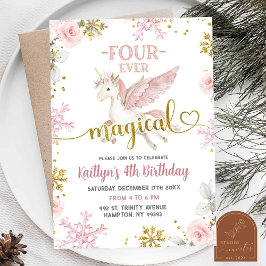 Rosa Snö Magic Unicorn Winter 4e födelsedagen Inbjudningar
