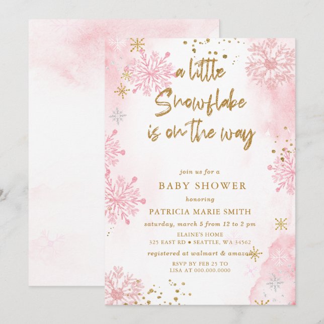 Rosa snöflinga är på väg Vinter Baby Shower Inbjudningar (Fram/baksida)