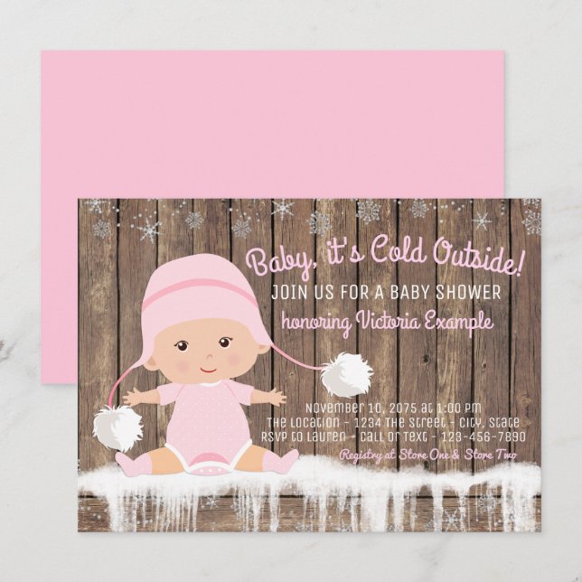 Rosa Snöflinga Baby det är kallt ute Baby Shower Inbjudningar (Fram/baksida)