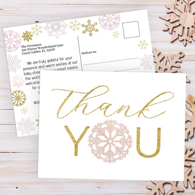 Rosa snöflinga baby shower tackkort  vykort (Pink & Gold Winter Wonderland Baby Shower Thank You Postcard)