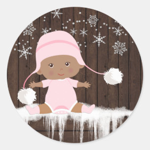 Rosa snöflinga etniska flicka baby shower-klisterm runt klistermärke
