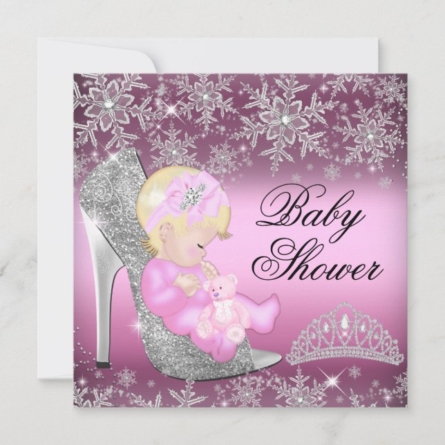 Rosa snöflinga glitter sko baby shower inbjudan (Framsida)
