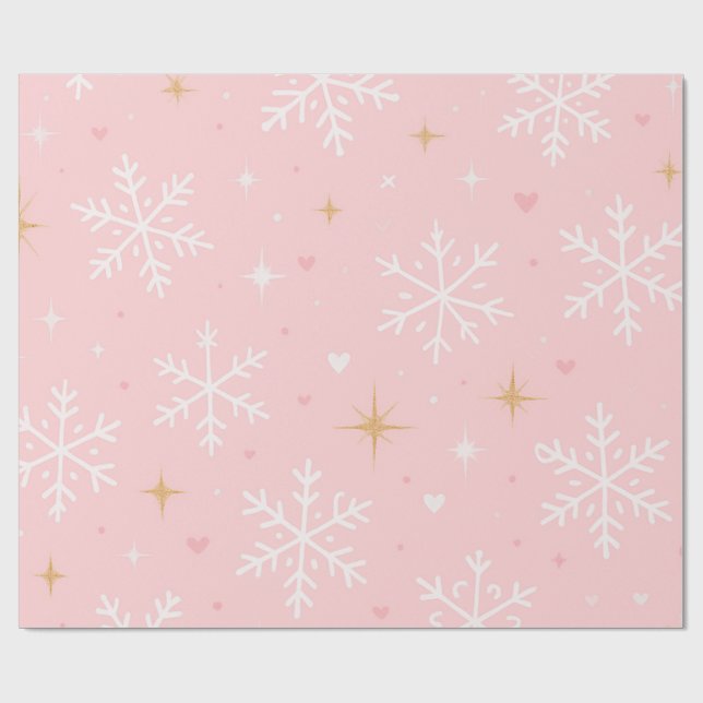 Rosa snöflinga & guldgläns jul  presentpapper (Platt)