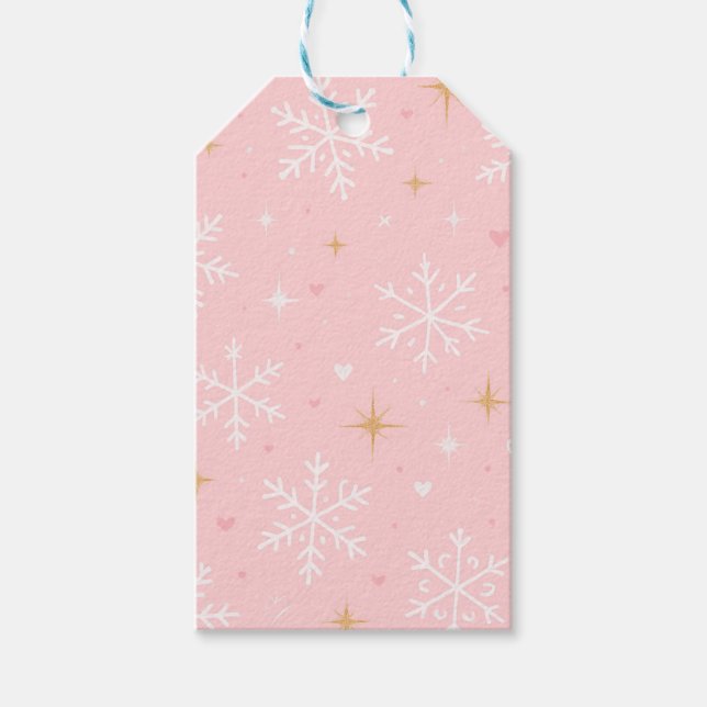 Rosa snöflinga & guldglänsande julpresentkort  presentetikett (Framsidan)