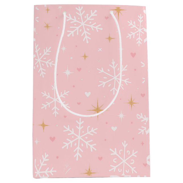 Rosa snöflinga & guldgnistrande julklappspåse  (Framsidan)