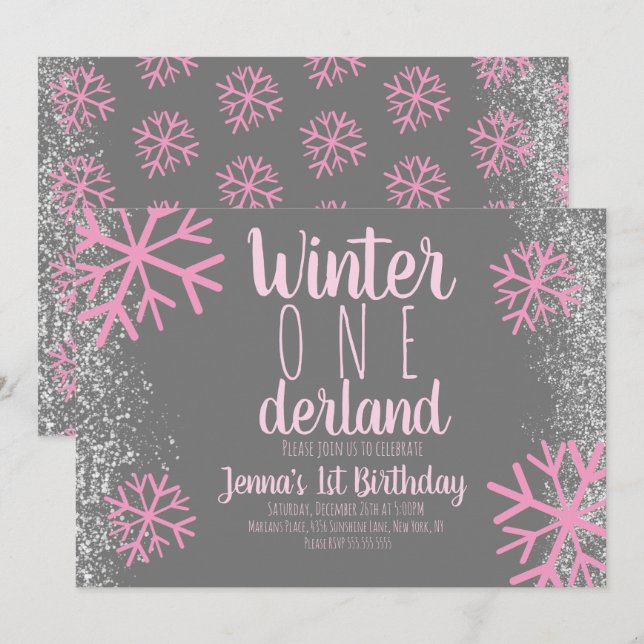 Rosa snöflinga snöig script första födelsedag inbjudningar (Fram/baksida)