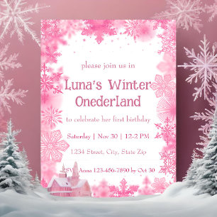 Rosa snöflinga vinter Onederland-fest Inbjudningar