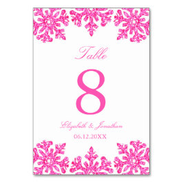 Rosa snöflinga vinterbröllop bordsnummer