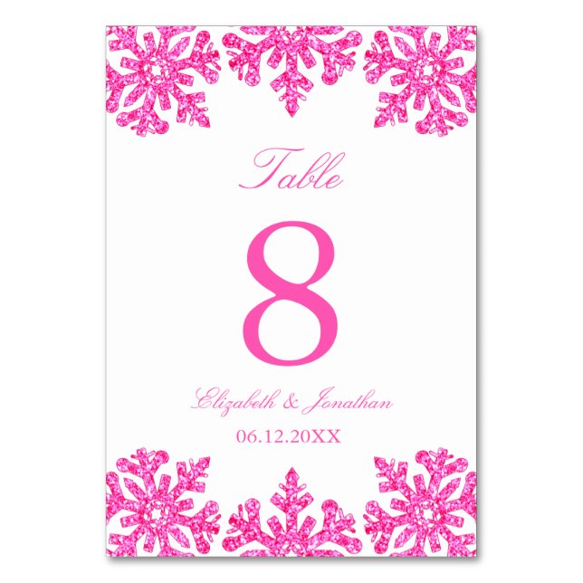 Rosa snöflinga vinterbröllop bordsnummer (Framsidan)