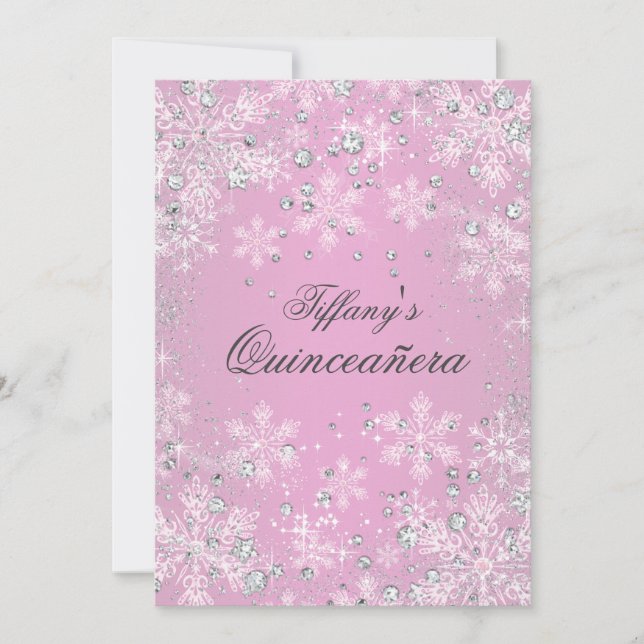 Rosa snöflinga Vinterundret Quinceanera Inbjudningar (Framsida)