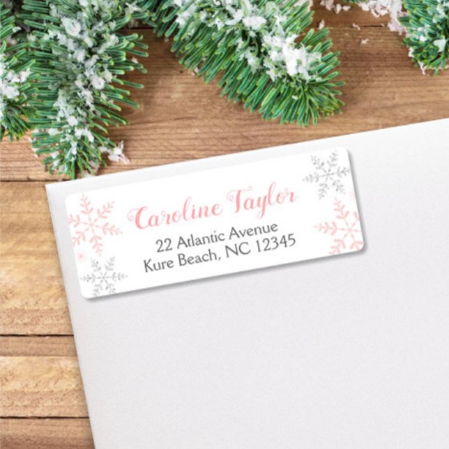 Rosa Snöflingor Baby Shower Winter Returadress Etikett (Skapare uppladdad)