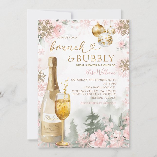 Rosa snöflingor Brunch och Bubbly Champagne  Inbjudningar (Framsida)
