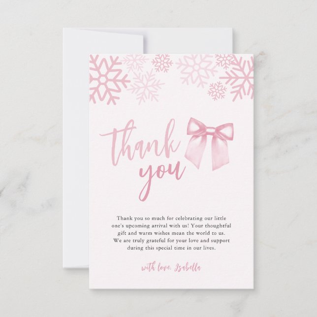 Rosa snöflingor för vintertema baby shower tack kort (Framsida)