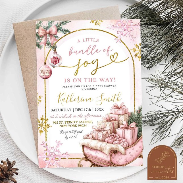 Rosa snöflingor Glädjebunt Vinterbebis Baby Shower Inbjudningar (Skapare uppladdad)