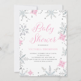 Rosa Snöflingor Glitter Winter Baby Shower Inbjudningar