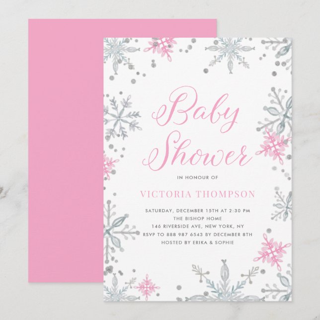Rosa Snöflingor Glitter Winter Baby Shower Inbjudningar (Fram/baksida)