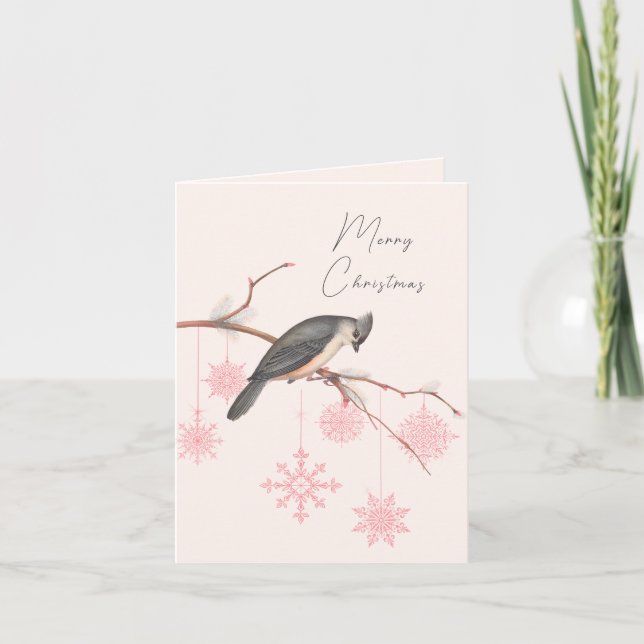 Rosa Snöflingor och Grått Songbird Helgdag Card Helgkort (Framsida)