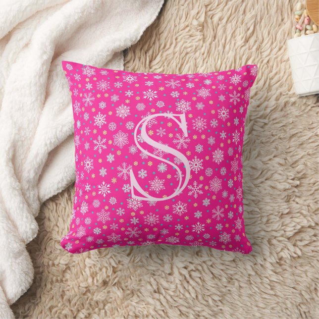 Rosa Snöflingor Shock rosa Modern Elegant Monogram Kudde (Filt)