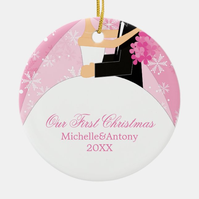 Rosa Snöflingor "Vår första jul" Julgransprydnad Keramik (Framsidan)