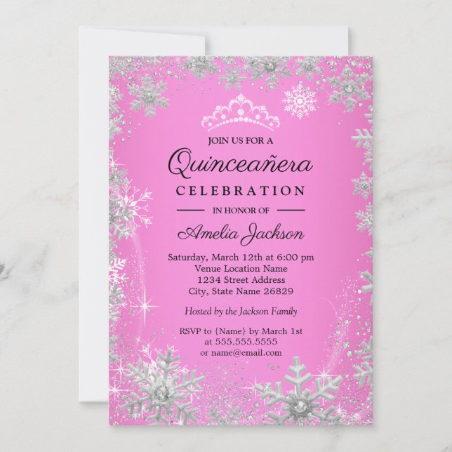 Rosa Snöflingor Winter Wonderland Quinceanera Inbjudningar (Framsida)