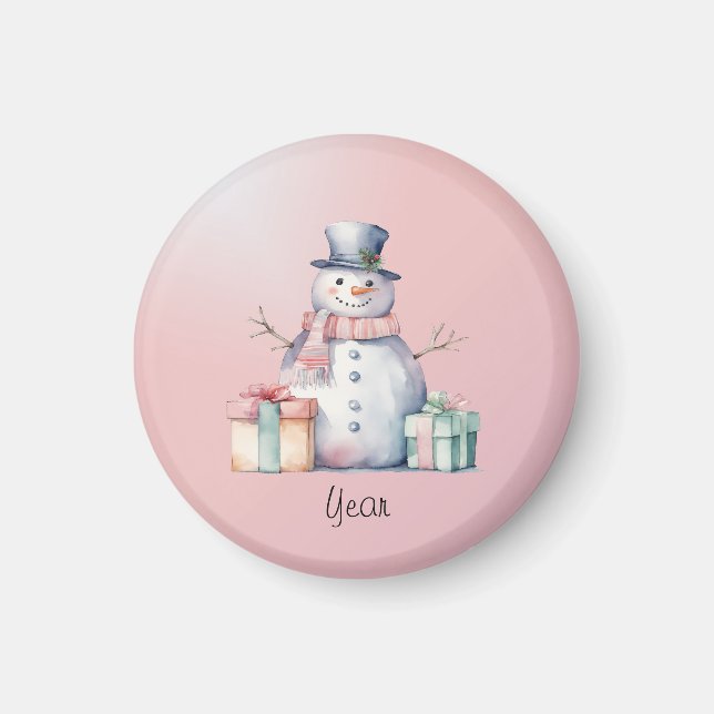 Rosa Snögubbe med Paket Magnet (Framsidan)