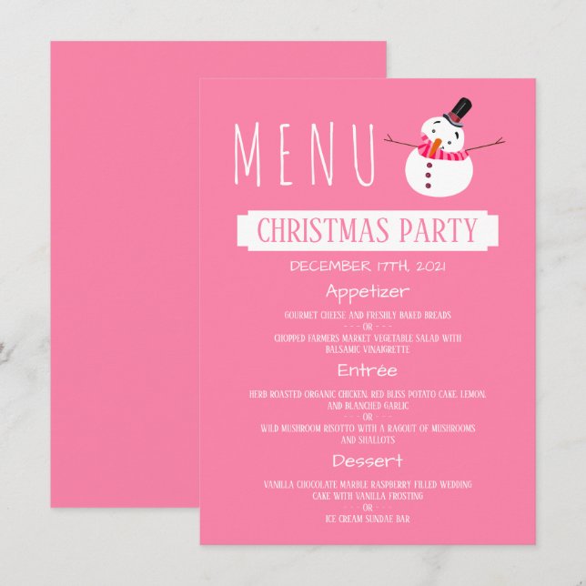 Rosa Snögubbe, Party Menu, jul Inbjudningar (Fram/baksida)