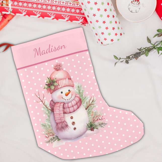 Rosa Snögubbe Polka Dot Anpassningsbar jul Stock Liten Julstrumpa (Skapare uppladdad)
