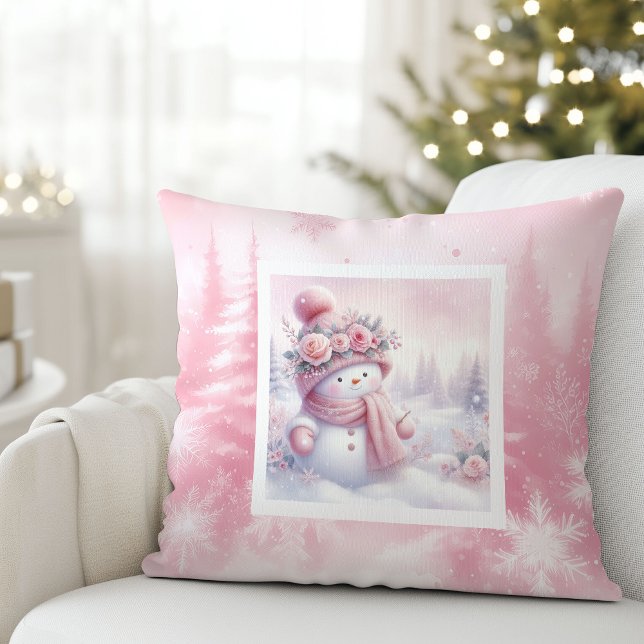 Rosa snömannaskog julkudde barnpresent kudde (Pinkmas Snowman Forest Christmas Pillow Kids Gift)