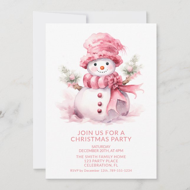 Rosa snömannen julfest inbjudan (Framsida)