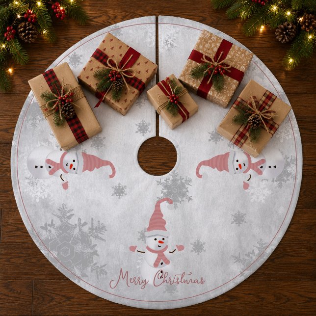 Rosa snömannen trädskörtel julgransmatta fleece (Pink Cute Snowman Christmas Tree Skirt)