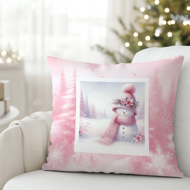 Rosa snömannen vinter scen Rosa jul kudde dekorati (Pink Snowman Winter Scene Pinkmas Pillow Decor)