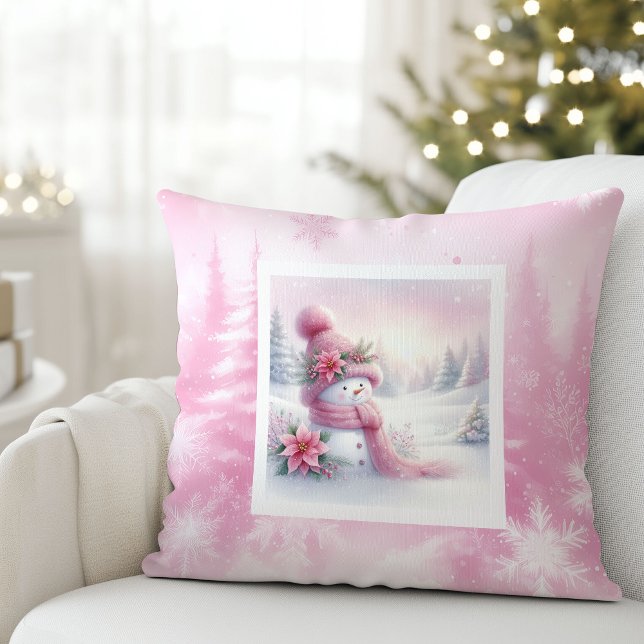 Rosa Snömannen Vinter Skog Mjuk Barn Gåva Kudde (Pink Snowman Winter Forest Soft Kids Gift Cushion)