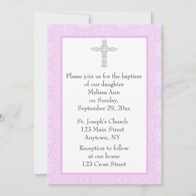 Rosa Snöre Baptism Christine Inbjudningar (Framsida)