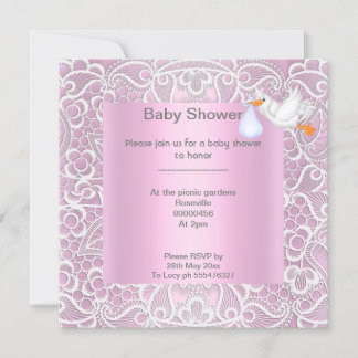Rosa snöre elegant, babydusch stork inbjudningar