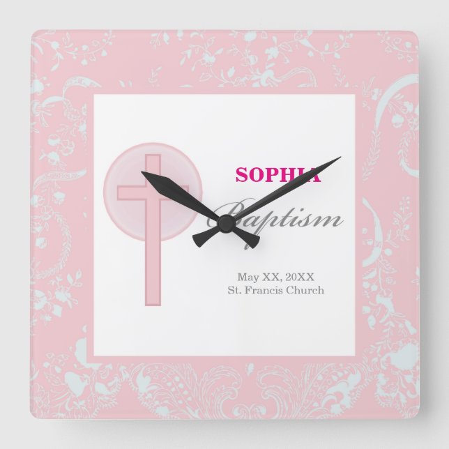 Rosa Snöre Girl Baptism Fyrkantig Klocka (Framsida)