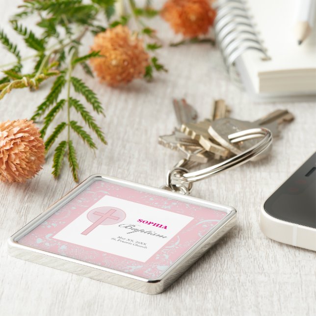 Rosa Snöre Girl Baptism Fyrkantig Silverfärgad Nyckelring (Sidan)