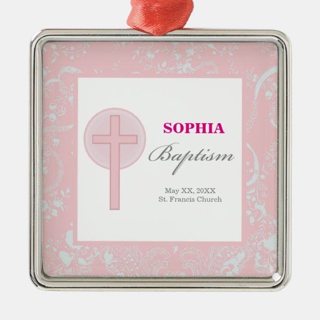 Rosa Snöre Girl Baptism Julgransprydnad Metall (Framsidan)