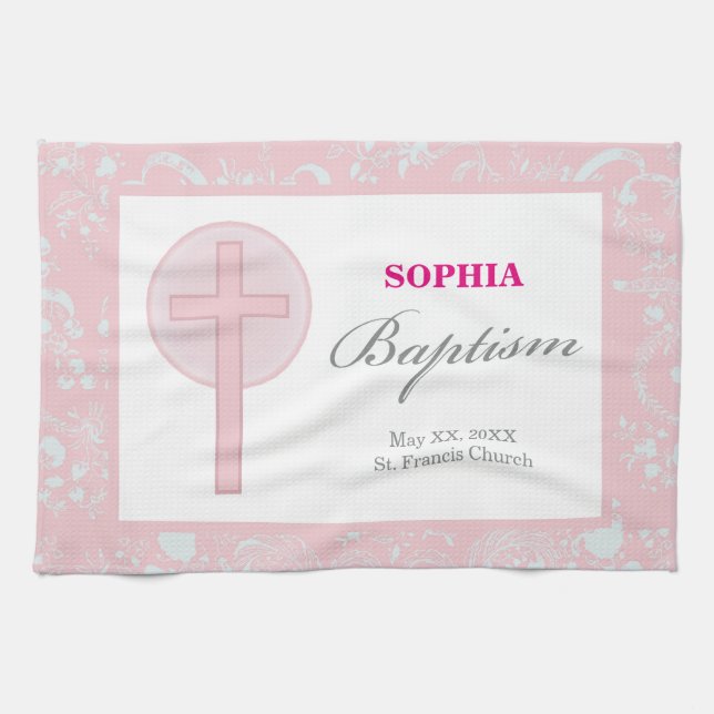Rosa Snöre Girl Baptism Kökshandduk (Horisontell)