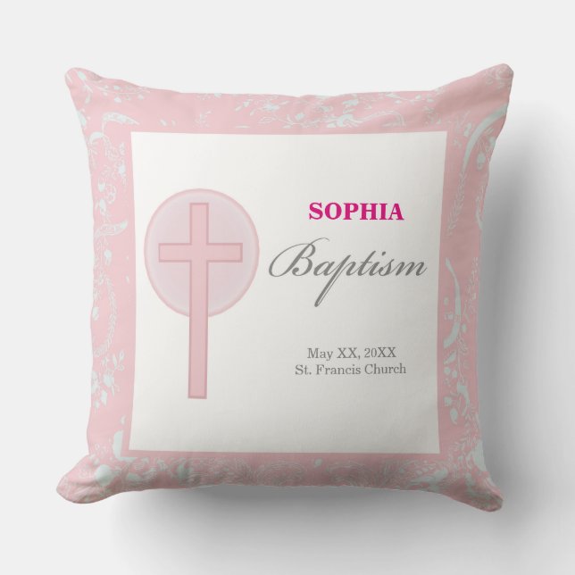 Rosa Snöre Girl Baptism Kudde (Framsida)