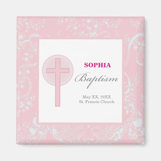 Rosa Snöre Girl Baptism Magnet (Framsidan)