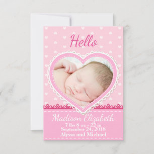 Rosa Snöre Heart Birth Notice of Meddelande