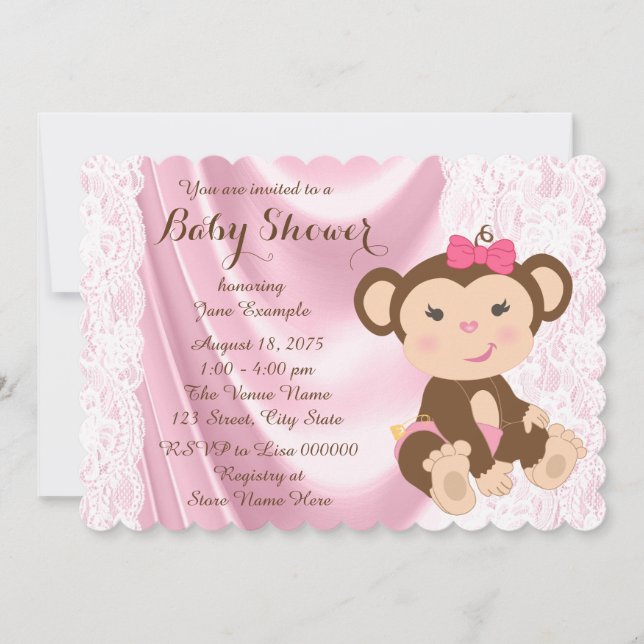 Rosa Snöre Monkey Flicka Shower Inbjudningar (Framsida)