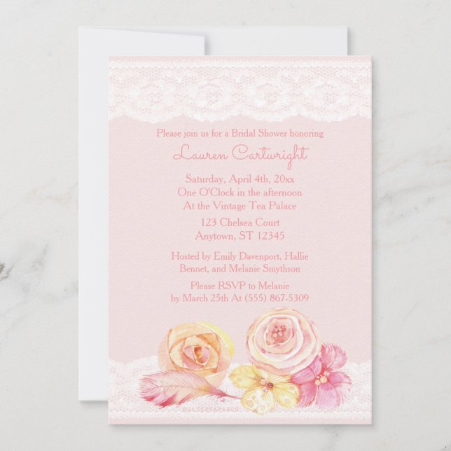  Rosa Snöre och blomma Möhippa Inbjudningar (Framsida)