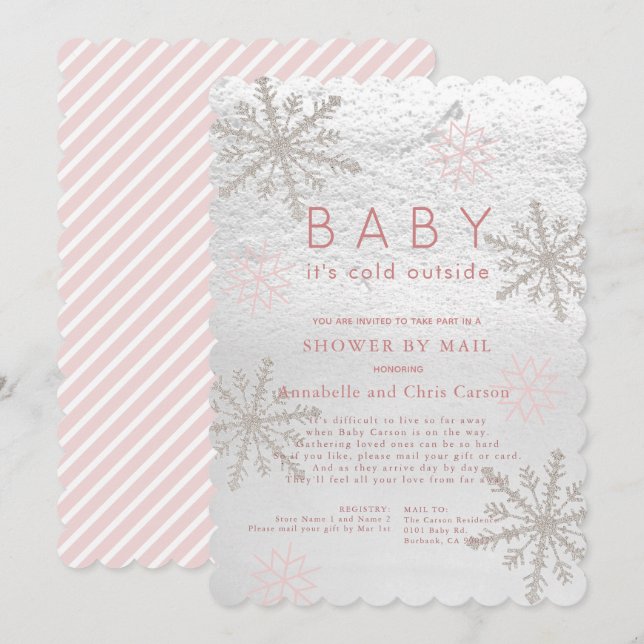 Rosa Snowflake Baby dess Kall Shower by Mail Inbjudningar (Fram/baksida)