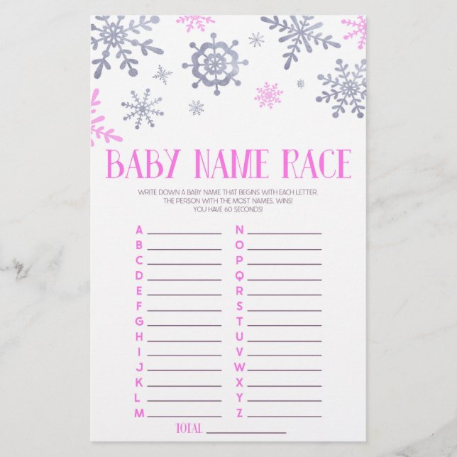 Rosa Snowflake Namn Tävling Baby Shower Game Activ Brevpapper (Framsida)