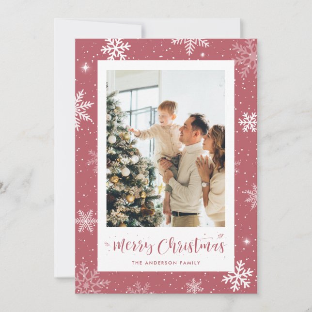 Rosa Snowflake Photo jul Card Julkort (Framsida)